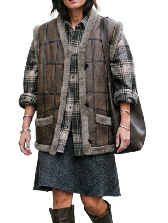 Vintage Jackets & Blazers - Vintage 70s 80s boxy brown black leather shearling oversized patchwork vest